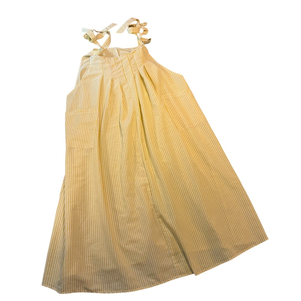 Yellow White Striped Tie Strap Apron Pinafore Midi Dress with Pockets oversized